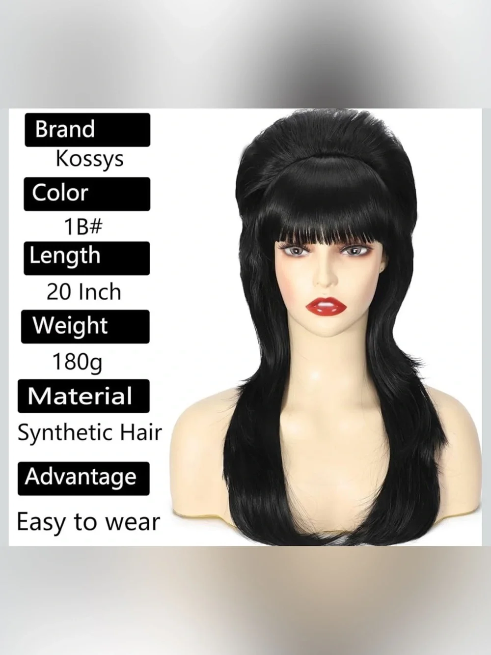 1980’s Women’s Black Mullet Long Retro Bouffant Wig NWOT